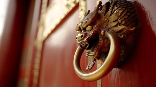 An intricate dragon head door knocker, crafted in bronze and mounted on a red door, it serves as both a functional element and a symbol of protection and strength.