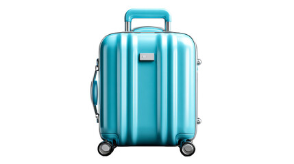 Turquoise rolling suitcase with metal accents and handle