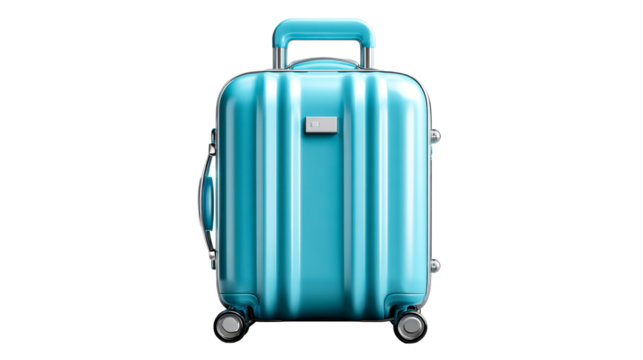Turquoise rolling suitcase with metal accents and handle