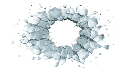 Shattered glass pieces exploding outward on white background