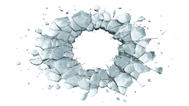 Shattered glass pieces exploding outward on white background