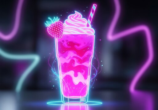 Vaporwave-inspired Strawberry Smoothie with Neon Lights and Holographic Details