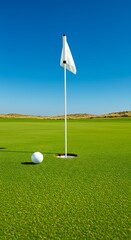Obraz premium White golf ball on the putting green next to the hole and flag.