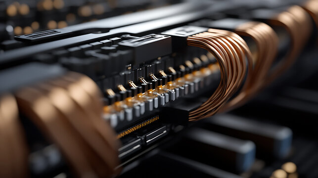 Close-up showcasing intricate electronic components, copper cables, and circuit board elements. A mix of dark textures and metallic reflections defines technological precision.