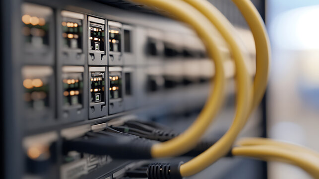 Illuminated ethernet ports glow with connection, linked by snaking yellow cables. A symbol of digital connectivity, network stability, and modern infrastructure.