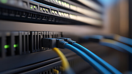 Close-up of a server rack showcases the network infrastructure with blue cables plugged into ports, along with illuminated green lights indicating activity. #network #server