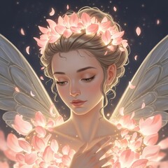 Ethereal Fairy Queen with Glowing Pink Flower Crown and Wings.
