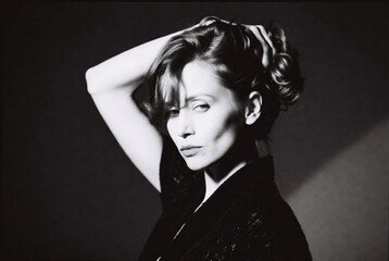 A black-and-white photograph of a woman posing contemplatively against a dark background with dramatic lighting.