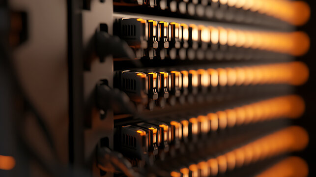 Close-up of network server plugs and cables, showcasing structured connectivity. Illustrates data center infrastructure. The arrangement symbolizes efficiency and reliable communication.