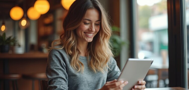 Woman uses tablet in cafe. Girl smiles browsing pad device. Digital nomad works at modern co-working space. Student learns online or watches video. Happy lady enjoys leisure time indoors.
