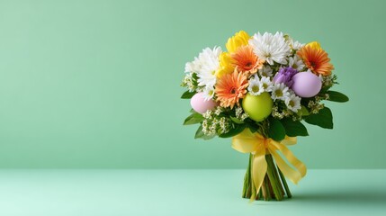 Colorful Spring Bouquet with Easter Eggs, Fresh Flowers Arrangement for Spring Celebrations and Seasonal Decor on Soft Green Background