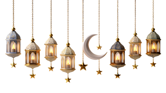 Ornate Islamic Lanterns and Crescent Moon Hanging on Chains - Powered by Adobe