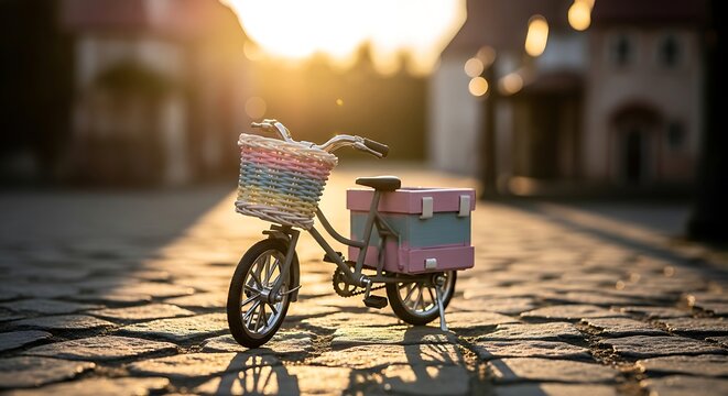 Miniature pastel delivery bicycle at sunset on a cobblestone street