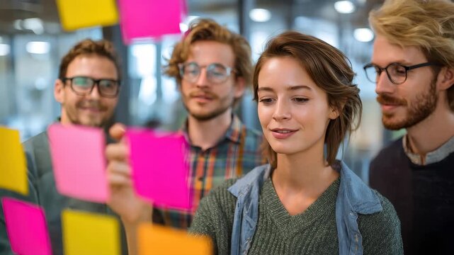 Collaborative team uses sticky notes for brainstorming session at a modern office in the afternoon