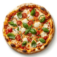A delicious looking pizza topped with tomatoes cheese and fresh green basil leaves