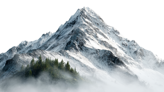 Snow capped mountain peak with evergreen forest below
