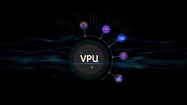 VPU acronym in a circular digital interface with abstract dark background text word