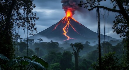 Dramatic Volcanic Eruption with Fiery Lava Flow Illuminating Night Sky.
