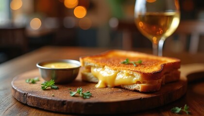 Golden grilled cheese sandwich with gooey melted provolone cheese, garnished with fresh parsley. Served on rustic wooden board with small cheese dip bowl. Blurry glass of white wine, warm bokeh
