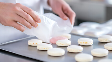 Pastry chef delicately arranging vanilla and rose macarons on a metal tray, showcasing the final touches in a professional setting. Artful creation of gourmet desserts.