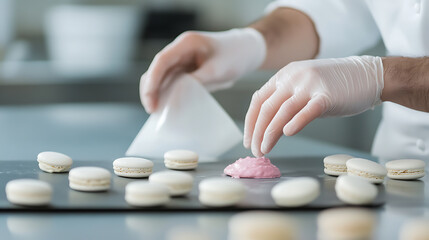 Macaron Magic: Hands in gloves skillfully fill the shells with pink cream, meticulously crafting these delicate treats. A symphony of color and flavor in every bite.