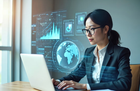 Asian businesswoman works on laptop with global data charts. She analyzes graphs on screen, planning business strategy. Woman wears suit, glasses, focused on digital growth.
