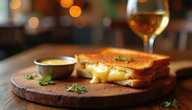 Golden grilled cheese sandwich with gooey melted provolone cheese, garnished with fresh parsley. Served on rustic wooden board with small cheese dip bowl. Blurry glass of white wine, warm bokeh