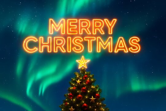 Stunning Merry Christmas Greetings with a Festive Tree and Northern Lights for a Magical Holiday Season, Perfect for Spreading Joy and Cheer