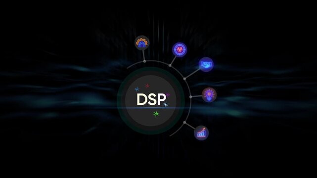 DSP acronym in a circular digital interface with abstract dark background text word