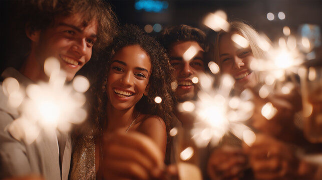 Sparkler Celebration: A group of friends radiate joy, their faces illuminated by the dazzling light of sparklers on a festive evening. Capturing the pure delight of friendship and celebration.