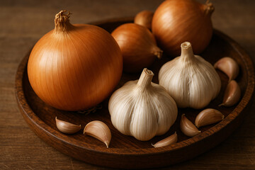 Fresh onions and garlic bulbs ready for cooking in rustic wooden bowl