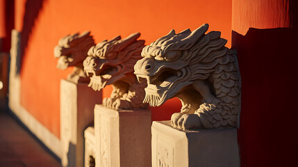 Stone dragon statues stand proudly, guarding ancient secrets with their intricate carvings and silent vigilance. Their gaze holds tales of history and tradition.