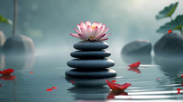 Soft morning light illuminating a serene zen composition of smooth black stones stacked in balance with a blooming lotus flower and gentle water ripples