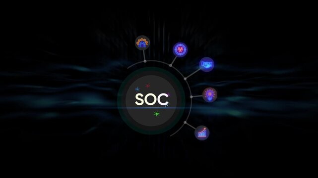 Futuristic circular interface with SOC text and abstract dark background acronym logo