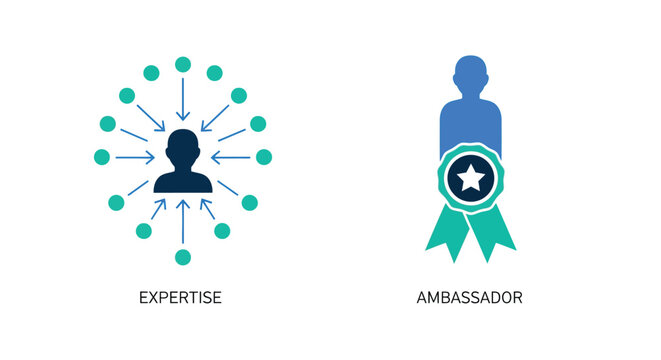 Vector illustration of expertise and ambassador concept a silhouette of a person surrounded by points representing expertise, next to a person with a star badge symbolizing ambassador