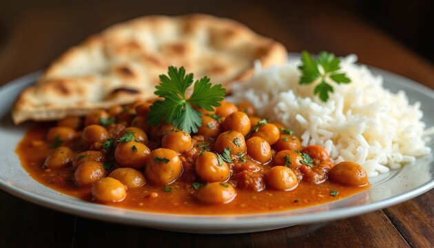 Plate with indian curry dish including chickpeas rice and naan bread. Healthy vegetarian meal in restaurant. Delicious spicy asian cuisine. Top view food on wooden table.