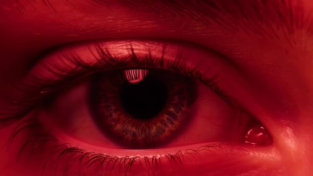 A captivating close-up of a human eye in shades of red, The eye appears to be focused and alert Stock Video
