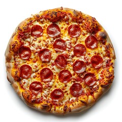 A full round pizza with pepperoni and cheese isolated on a white background view