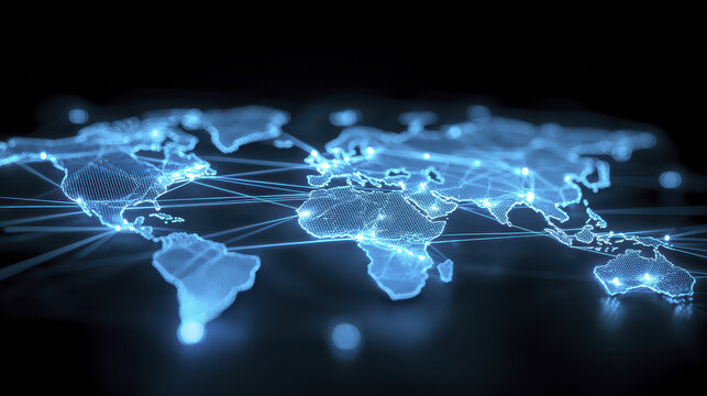 Digital world map with glowing connections representing global network, showcasing technology and communication - Powered by Adobe