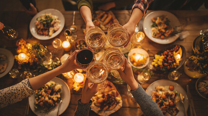 Feast of Friends: An intimate dinner party setting. A cheerful gathering around a table, friends raising their glasses in a toast, showcasing joy and companionship.