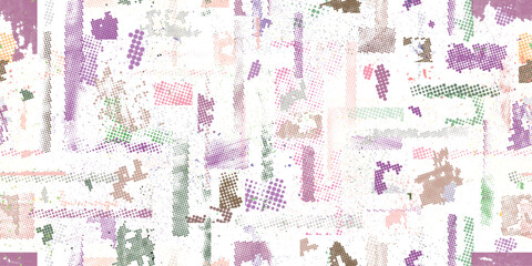 Colorful halftone dots and speckled seamless pattern, abstract decorative background for modern packaging, wrapping paper, and textile design. Vector transparent endless pattern.