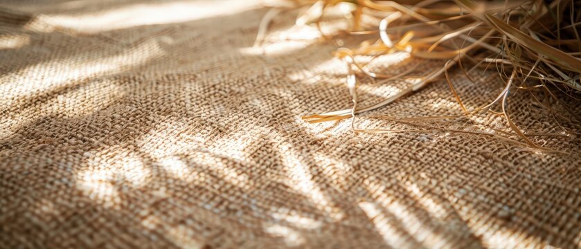 Close-up of textured linen fabric illuminated by warm sunlight, creating soft folds and natural shadows. Perfect organic background for eco design, lifestyle branding, or interior visuals.