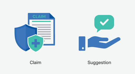 Vector illustration of illustration depicting an insurance claim form with a protective shield, symbolizing coverage and security, alongside a hand offering a suggestion with a checkmark