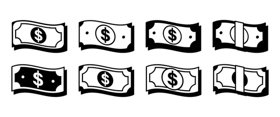 Flying Money Icon Set in Black and White Outline