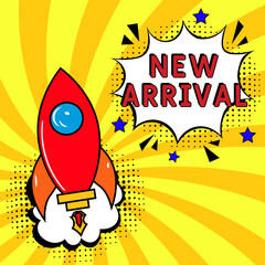 Comic book explosion with text New arrival, vector illustration. Vector bright cartoon illustration in retro pop art style. upcoming events in pop art style. New arrival, web banner