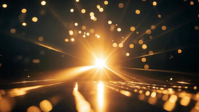 Golden light rays and glowing particles bursting across a dark surface creating a radiant abstract energy motion with warm bokeh illumination