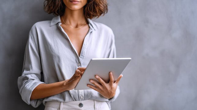 Modern Business Woman Using Tablet, Minimal Professional Workspace Digital Productivity Concept