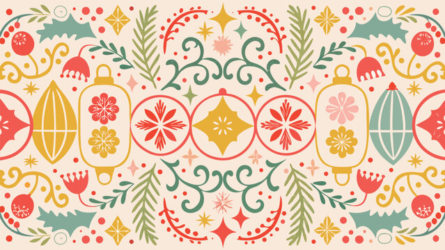 Retro mid century modern christmas holiday seamless pattern with ornaments and festive elements