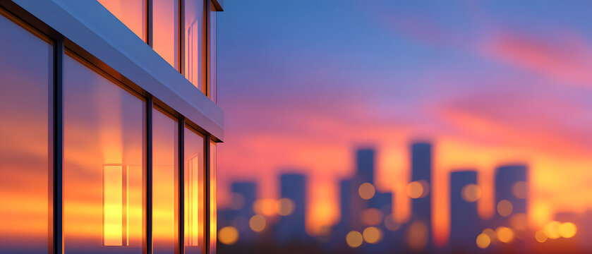 Modern glass office building at sunset