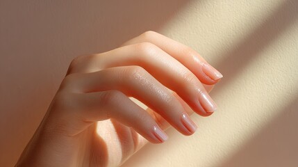 Elegant feminine hand with well-manicured nails gracefully posed against a soft, neutral background illuminated by gentle sunlight and shadows